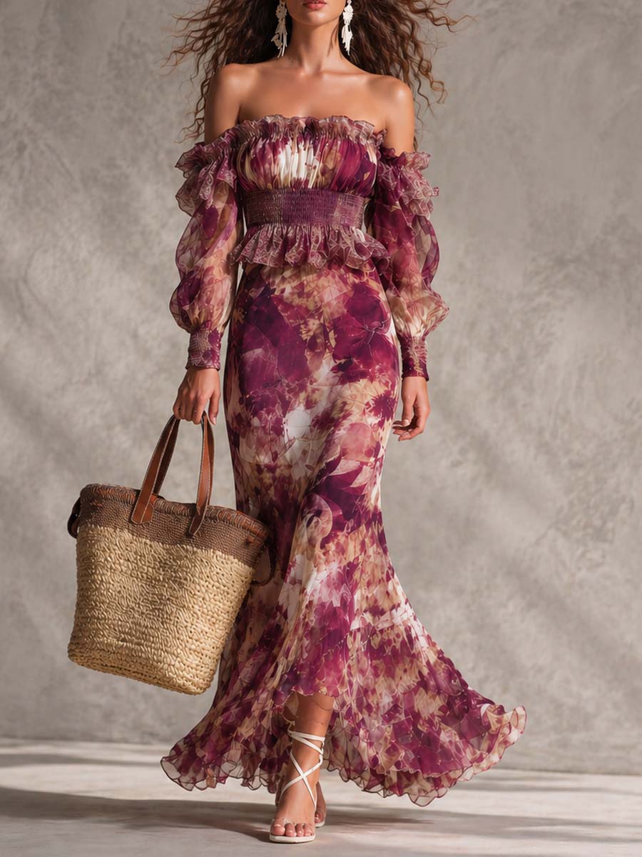 Maxi Dress in Pink Chiffon with Off-Shoulder Straps