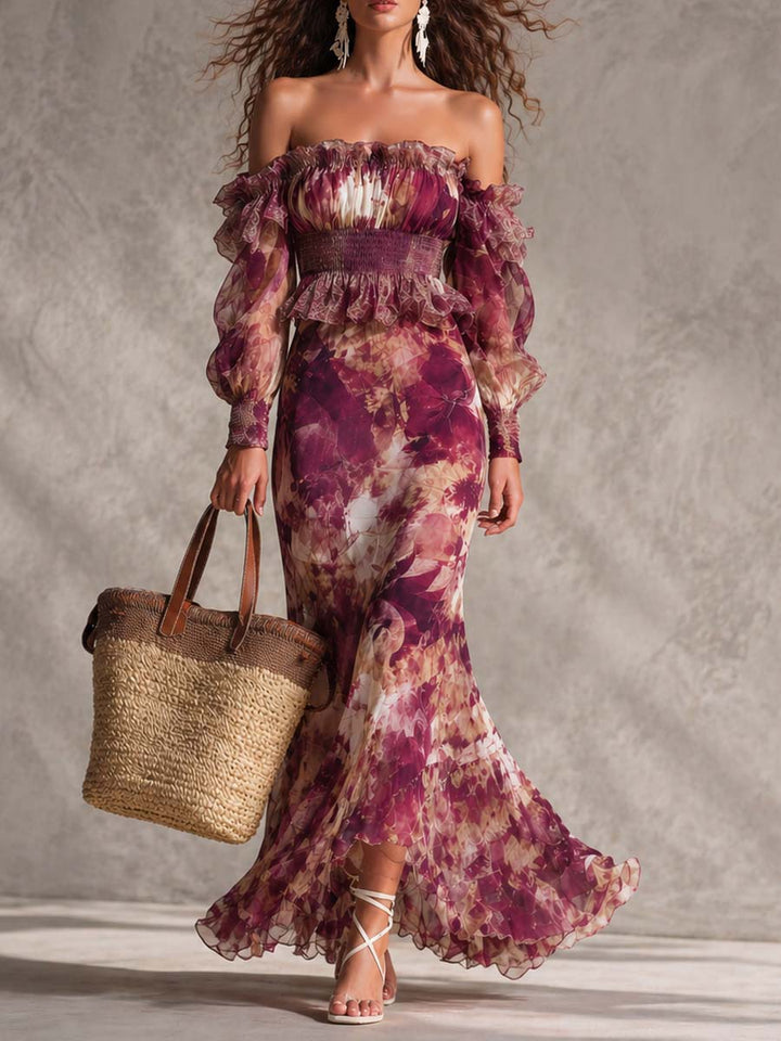 Maxi Dress in Pink Chiffon with Off-Shoulder Straps