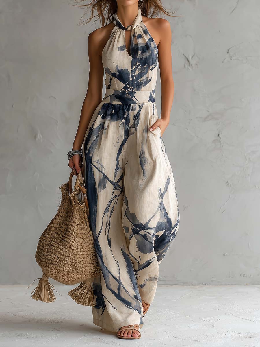 Halter Neck Jumpsuit with Ink Print and Wide Leg Trousers with Pockets