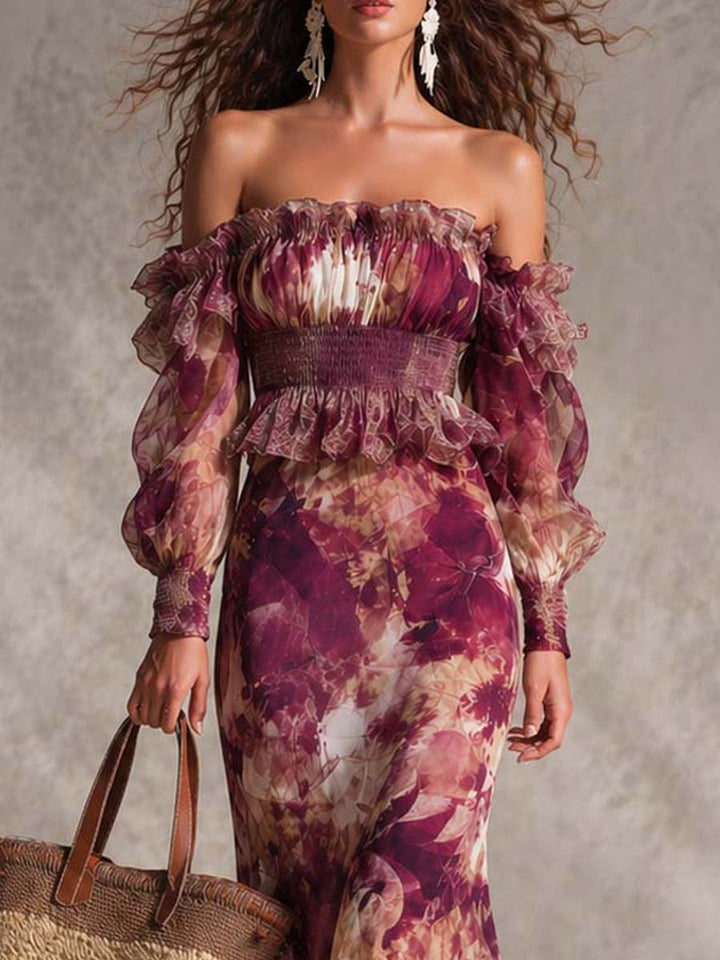 Maxi Dress in Pink Chiffon with Off-Shoulder Straps