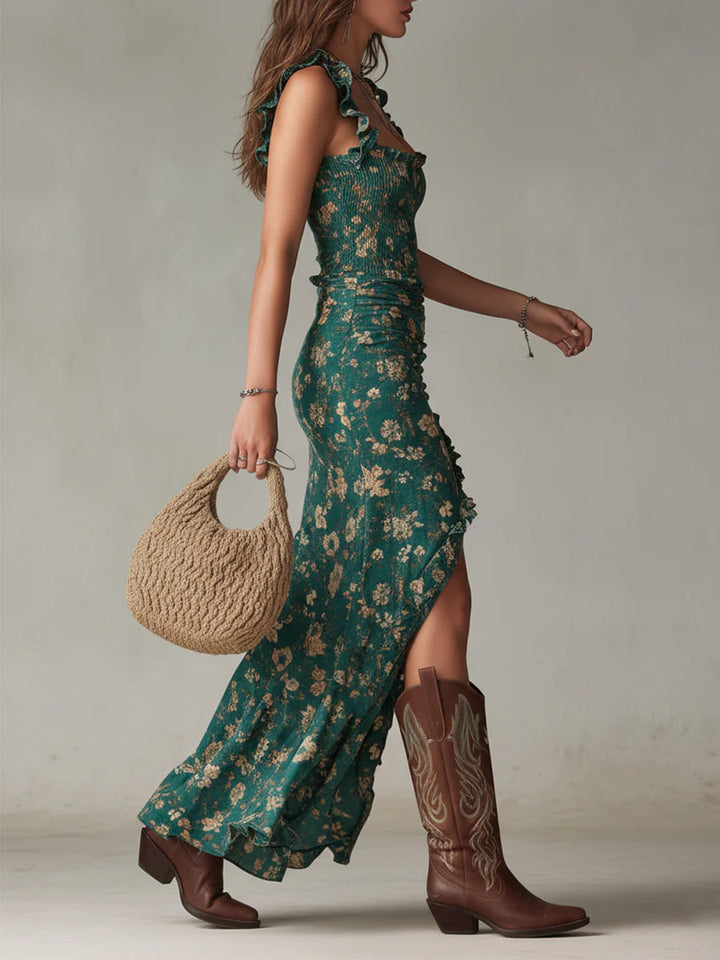 Maxi Printed Bohemian Green Dress with Ruffle Sleeves