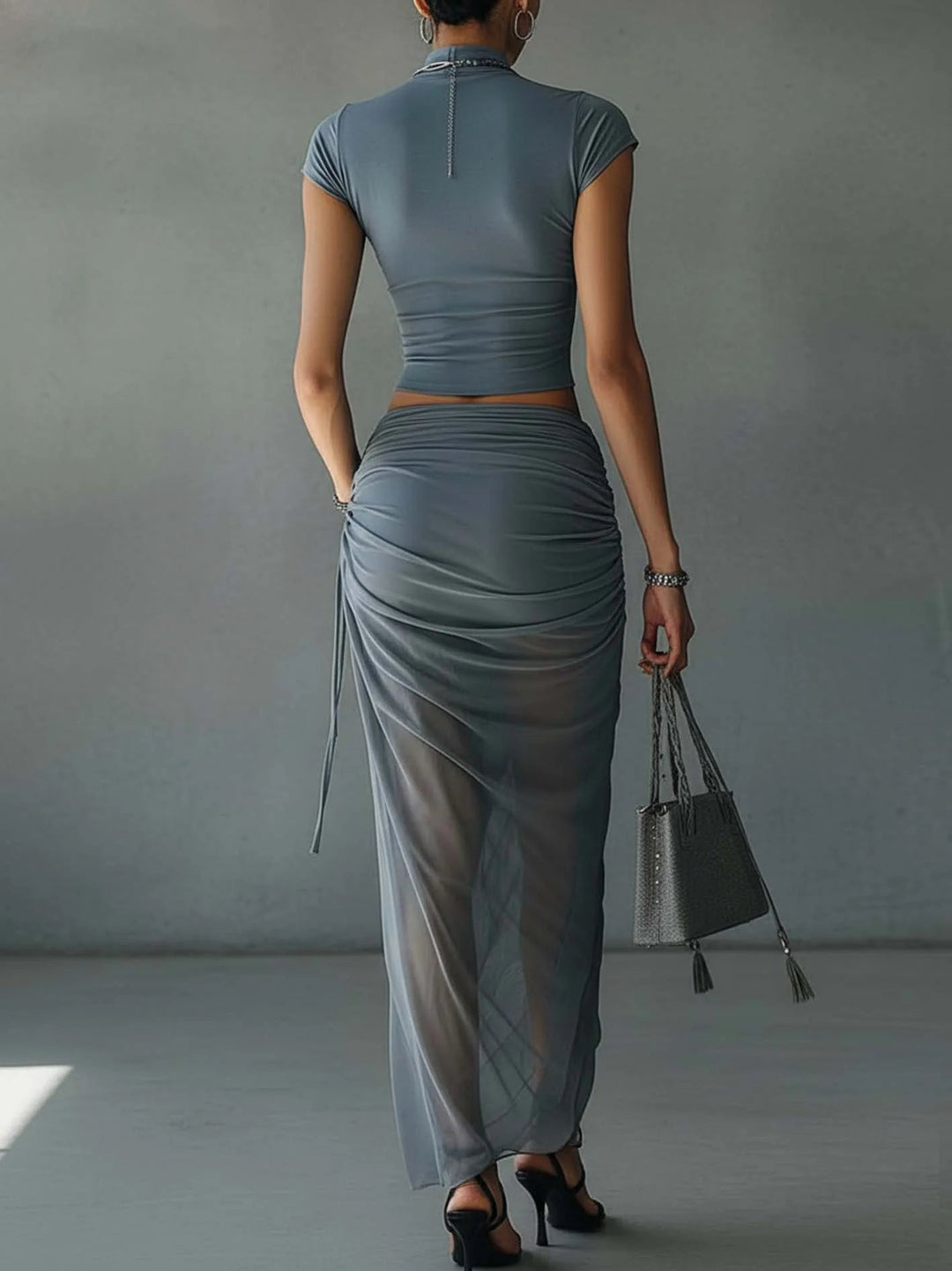 Blue Short Sleeve T-Shirt and Draped Sheer Skirt Set