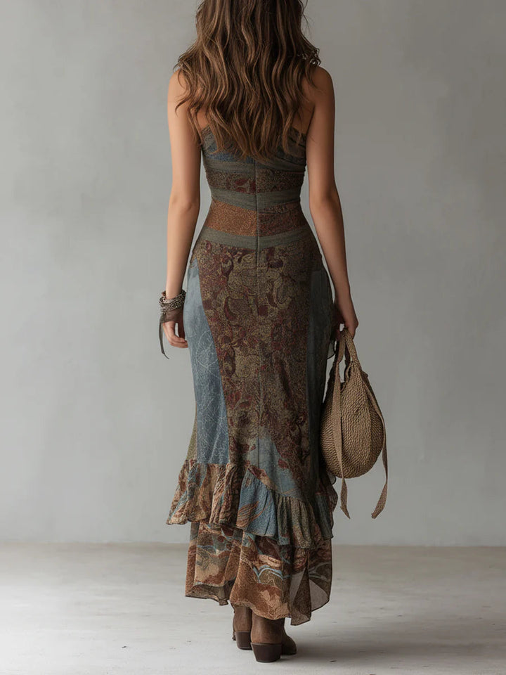 Maxi Printed Ethnic Style Dress with Off-Shoulder and High Split