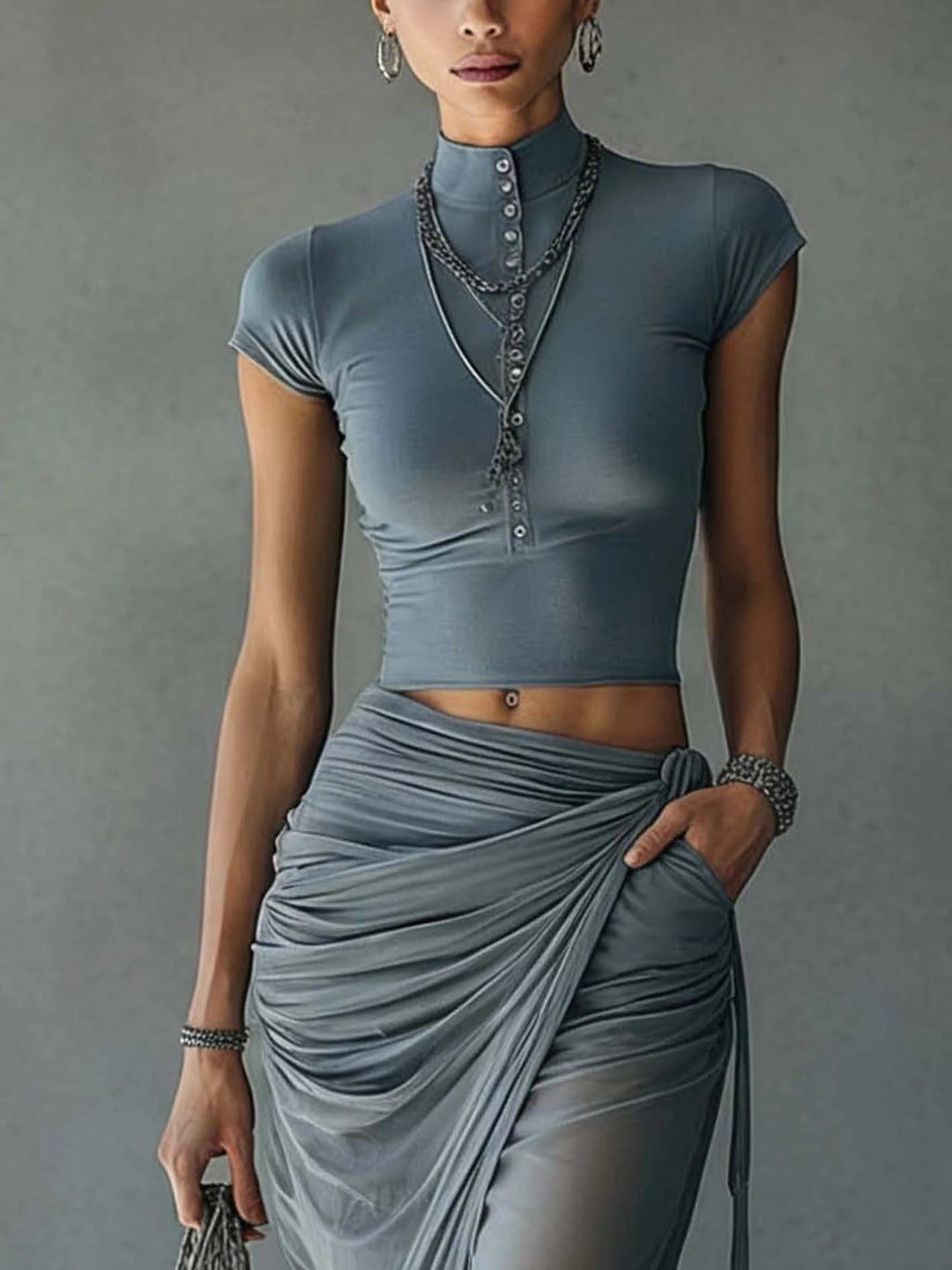 Blue Short Sleeve T-Shirt and Draped Sheer Skirt Set