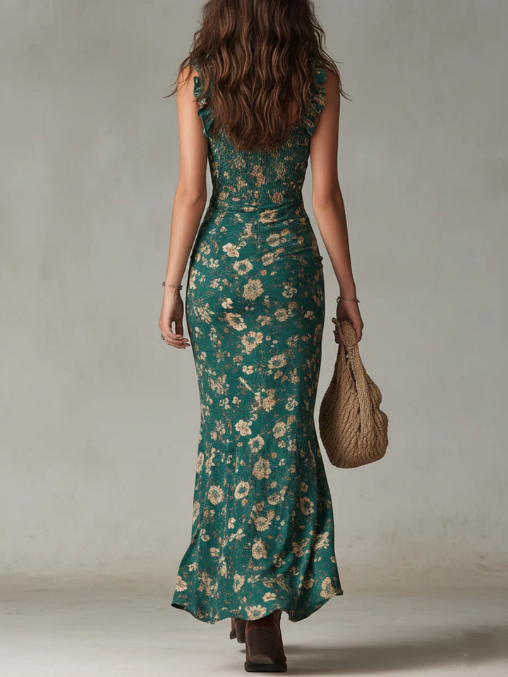 Maxi Printed Bohemian Green Dress with Ruffle Sleeves