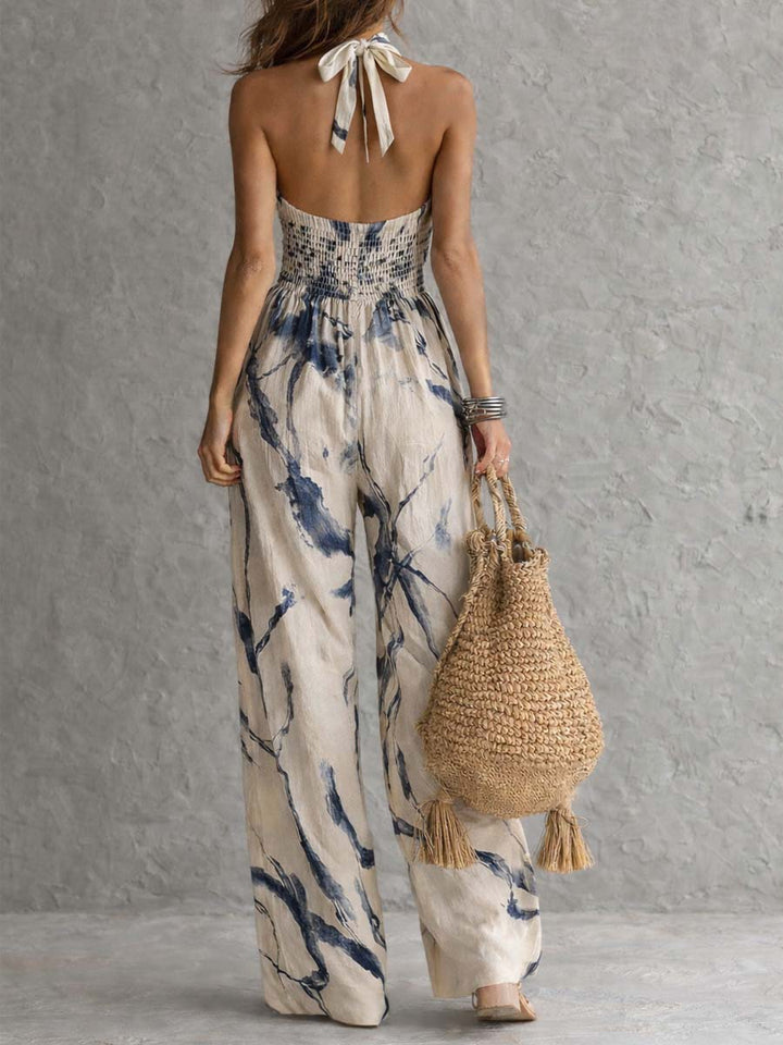 Halter Neck Jumpsuit with Ink Print and Wide Leg Trousers with Pockets