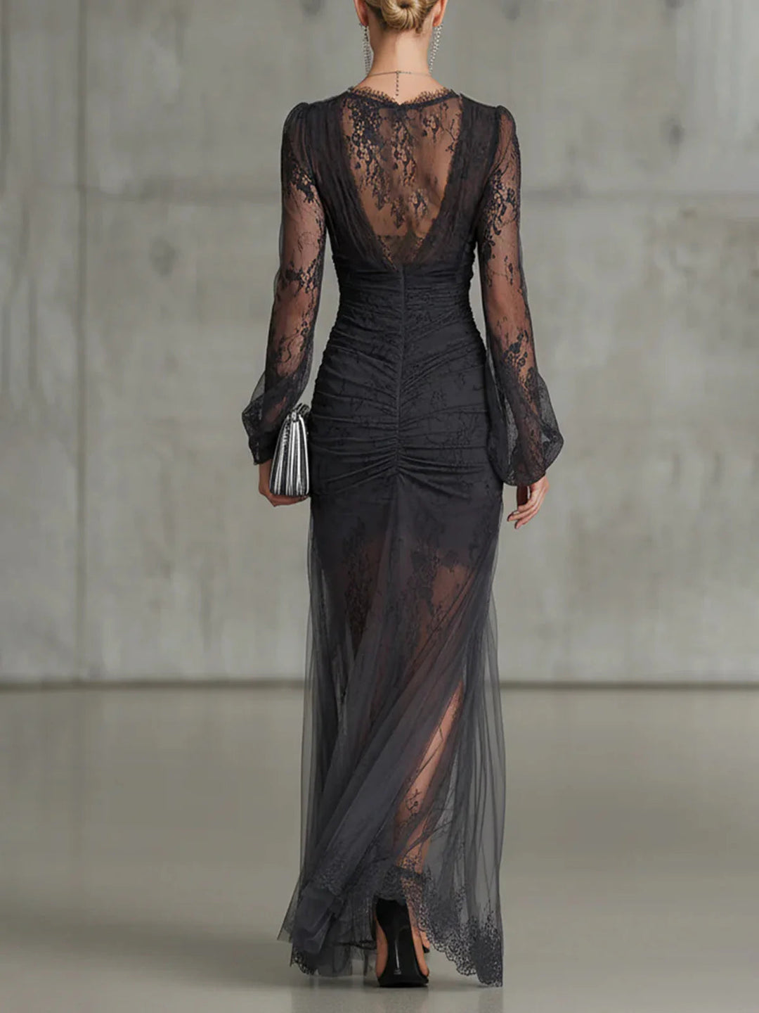 Dark Grey Long Maxi Dress in Lace with Long Sleeves and Split