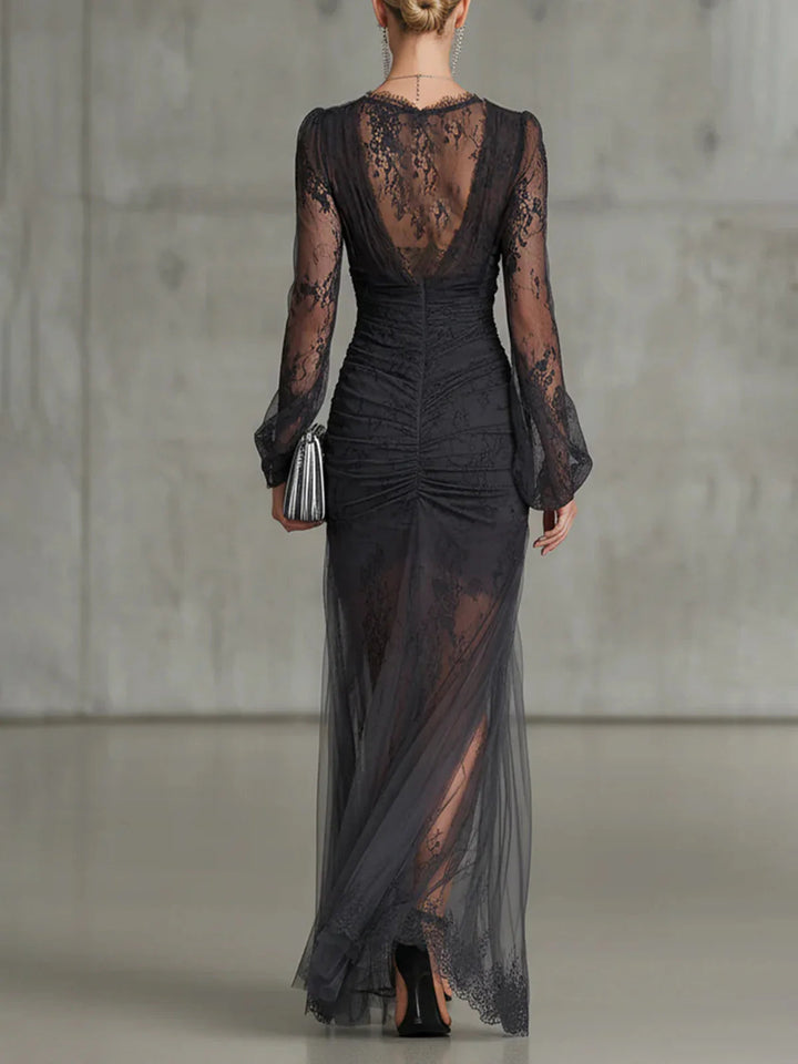 Dark Grey Long Maxi Dress in Lace with Long Sleeves and Split