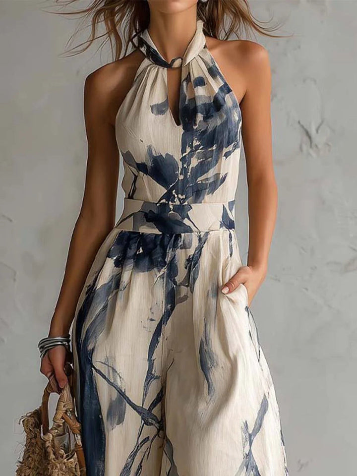 Halter Neck Jumpsuit with Ink Print and Wide Leg Trousers with Pockets
