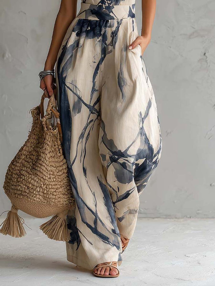 Halter Neck Jumpsuit with Ink Print and Wide Leg Trousers with Pockets