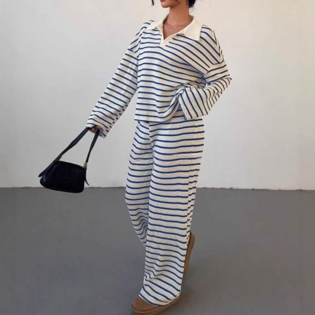 SALI™ - Casual Striped V-Neck Long Sleeve and Trousers Set