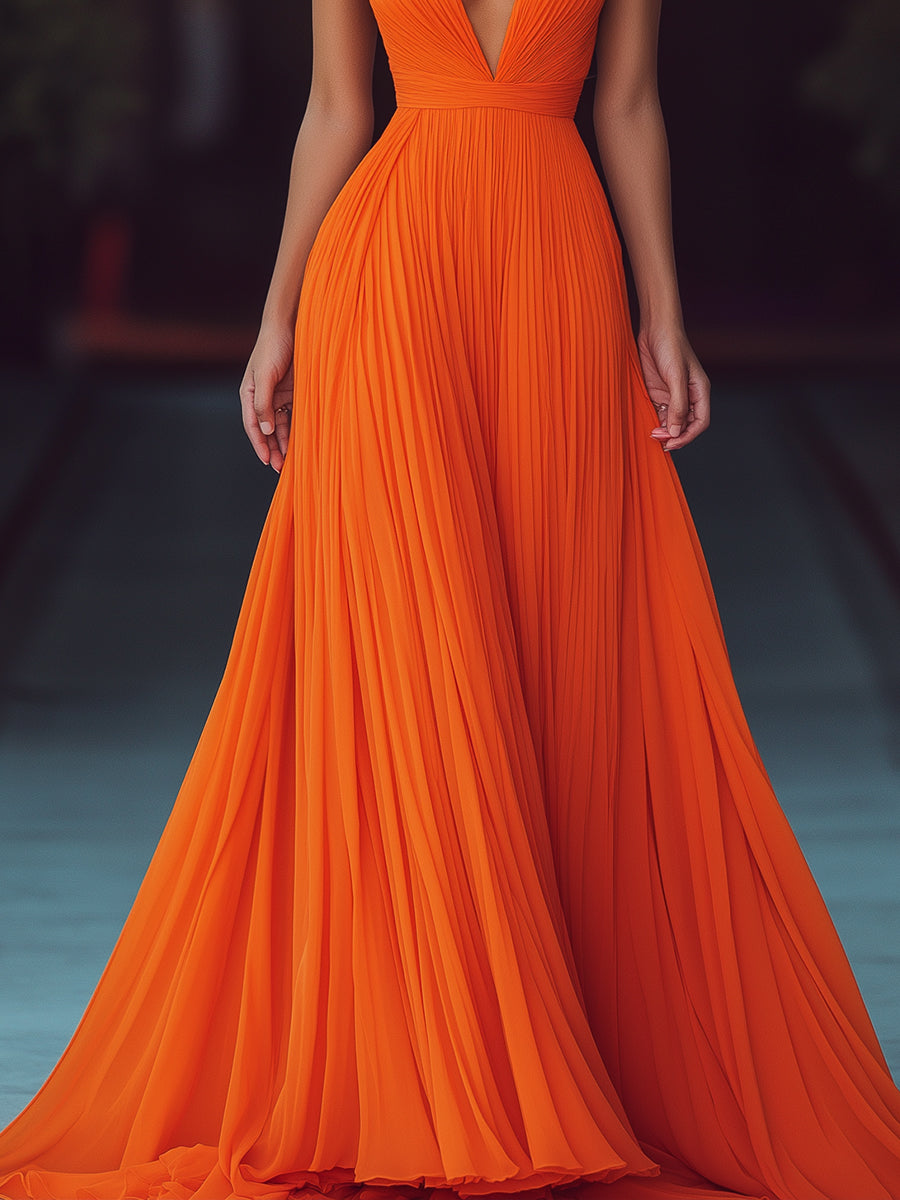VESPERINA | V-NECK HALTER PLEAT MAXI DRESS