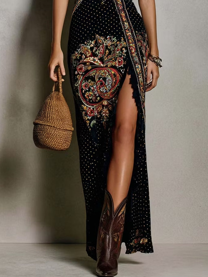FIORA - LONG BOHO VINTAGE DRESS WITH ETHNIC PRINT AND SLIT