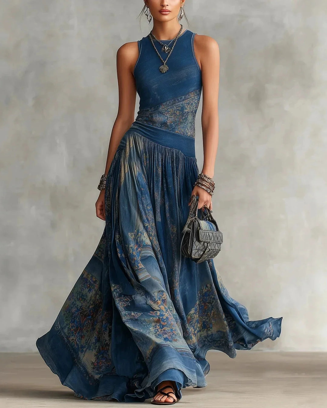 SILVIA - BOHO LONG DRESS WITH AZTEC PRINT AND FLARED SKIRT