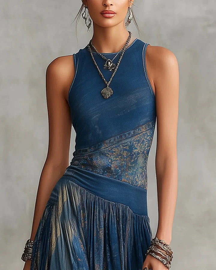 SILVIA - BOHO LONG DRESS WITH AZTEC PRINT AND FLARED SKIRT