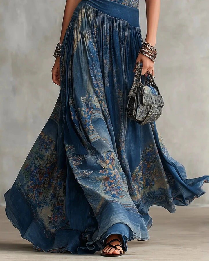 SILVIA - BOHO LONG DRESS WITH AZTEC PRINT AND FLARED SKIRT