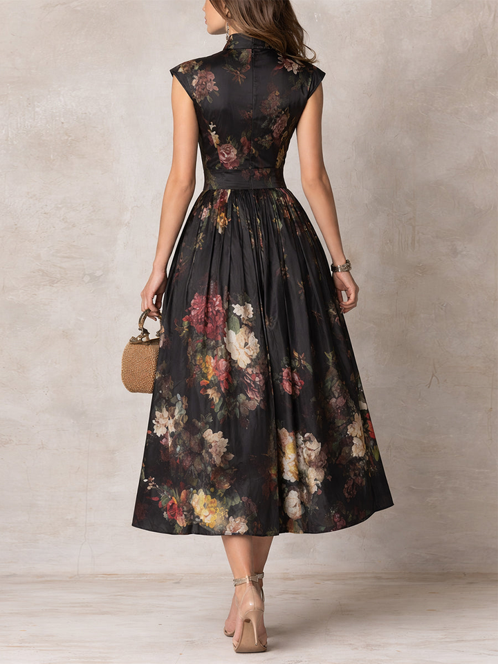 Pleated Satin Midi Dress with Black Keyhole Neckline