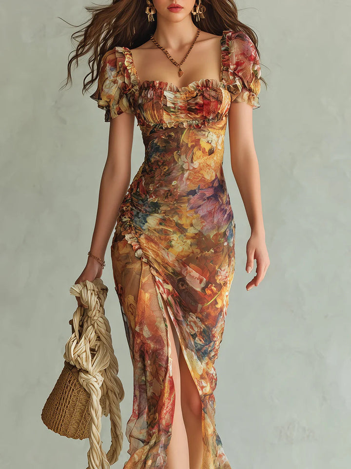 Bohemian Orange Oil Print on Chiffon Maxi Dress