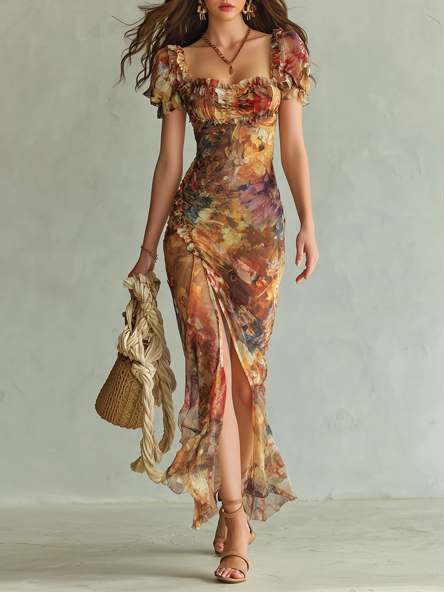 Bohemian Orange Oil Print on Chiffon Maxi Dress