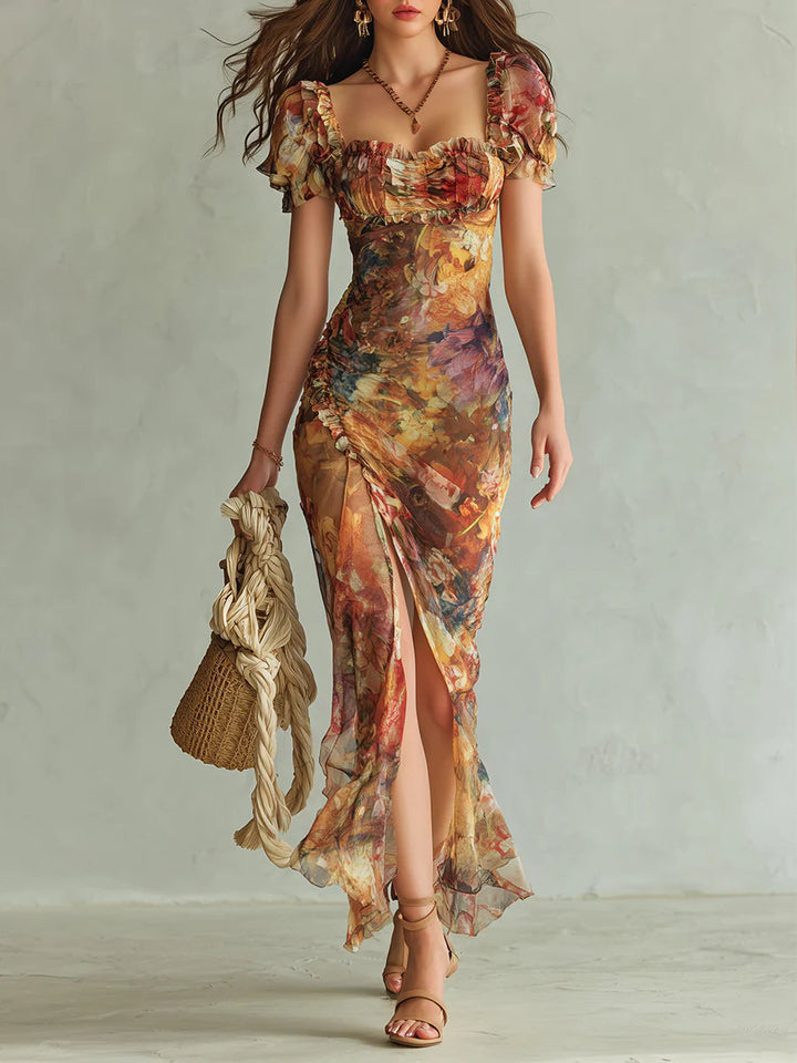 Bohemian Orange Oil Print on Chiffon Maxi Dress