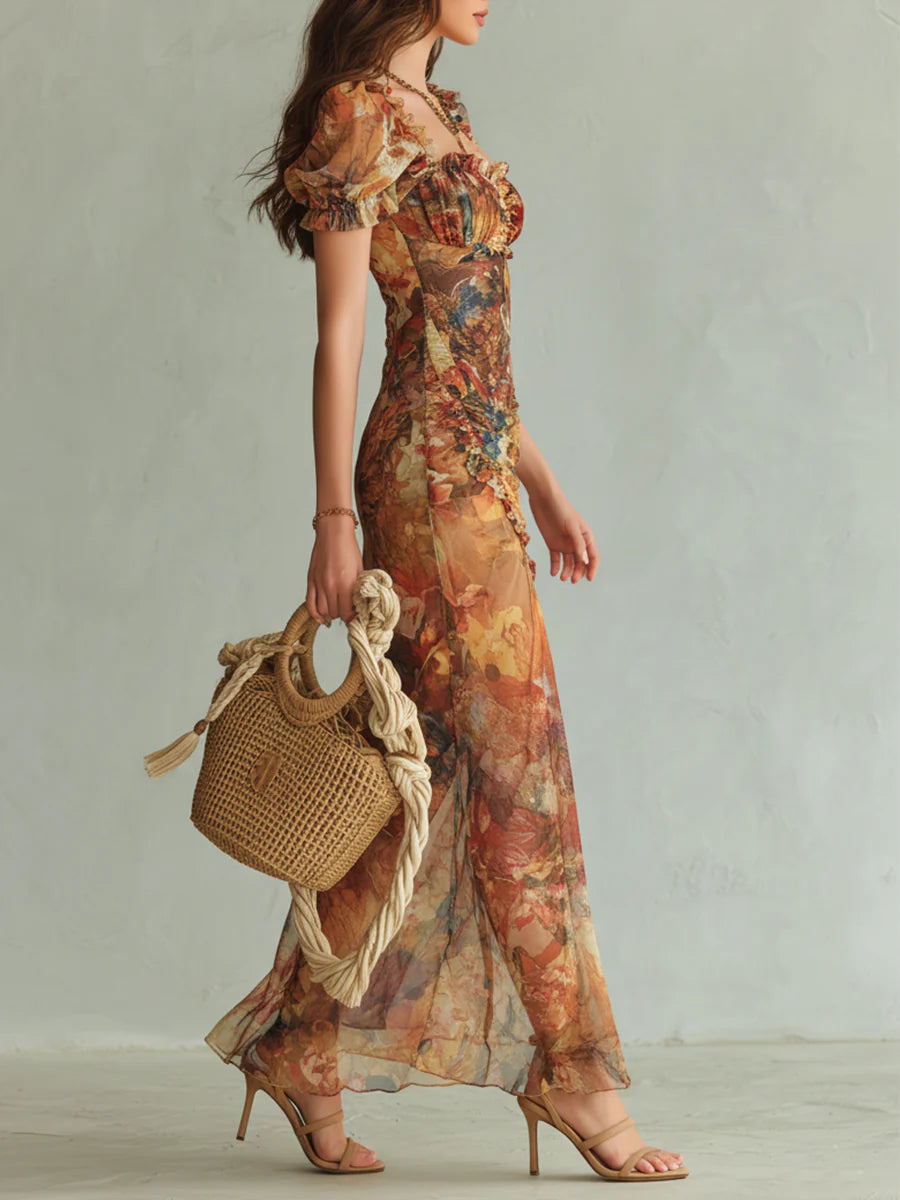 Bohemian Orange Oil Print on Chiffon Maxi Dress