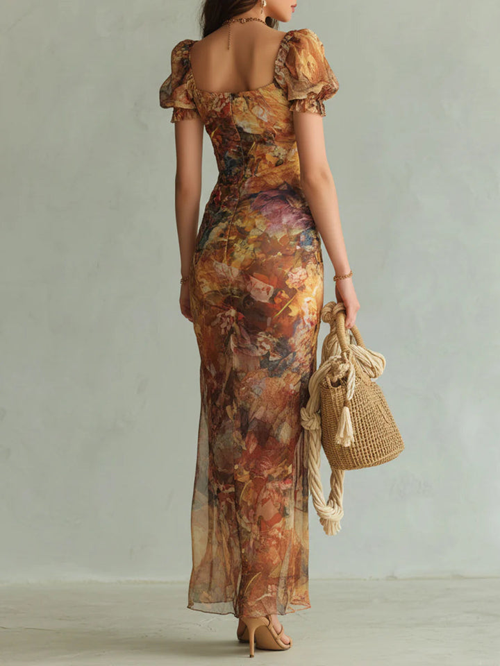Bohemian Orange Oil Print on Chiffon Maxi Dress