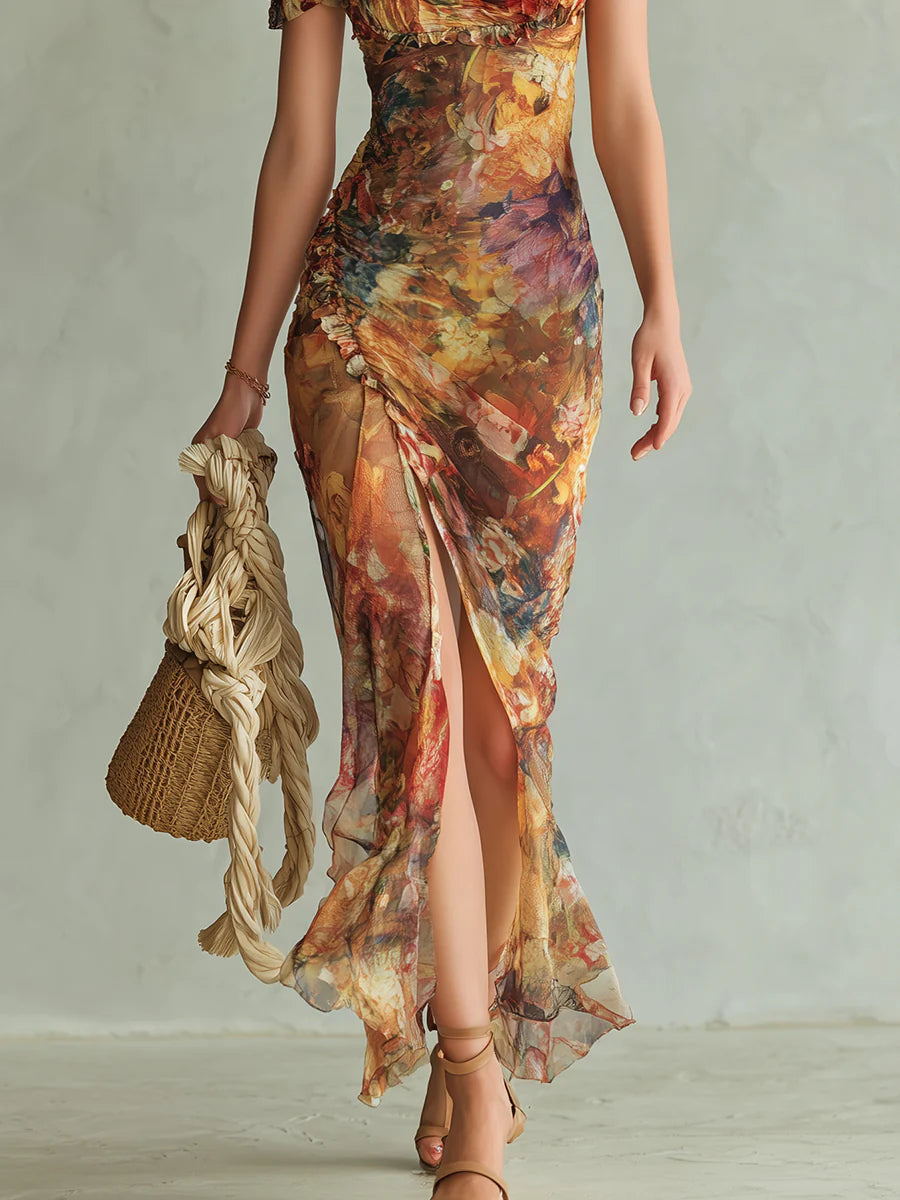 Bohemian Orange Oil Print on Chiffon Maxi Dress