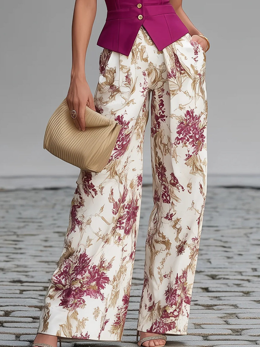Sleeveless Pink Gilet and Wide-Leg Floral Print Trousers
