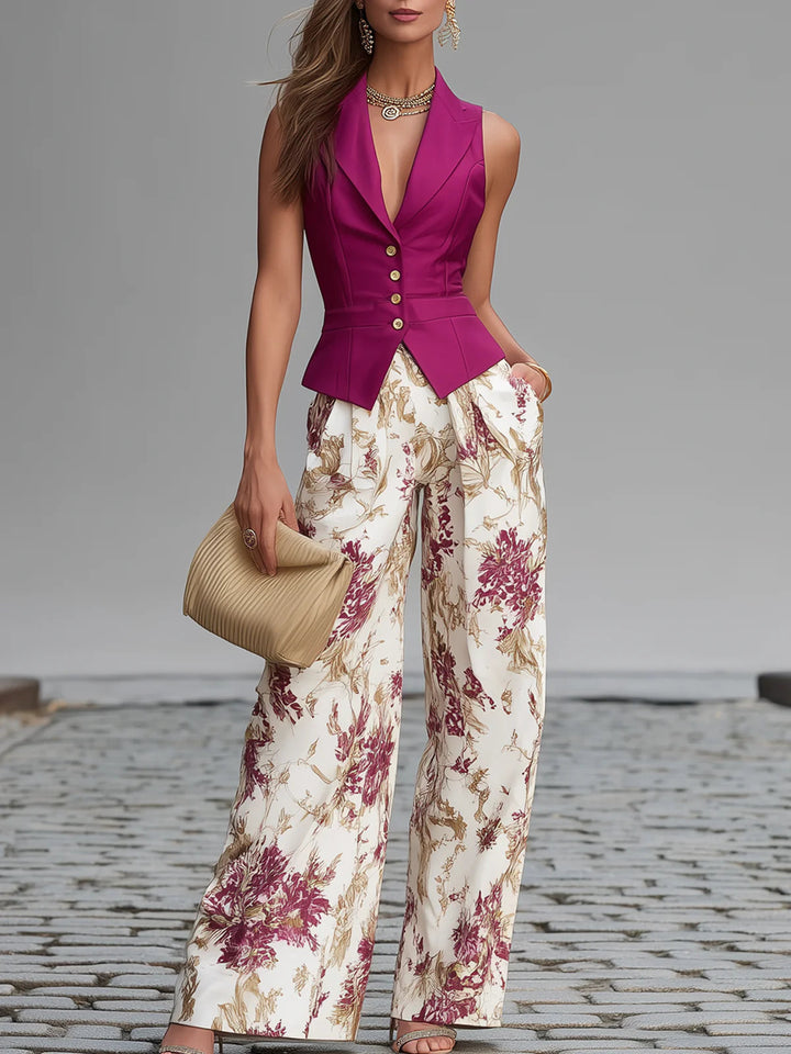 Sleeveless Pink Gilet and Wide-Leg Floral Print Trousers