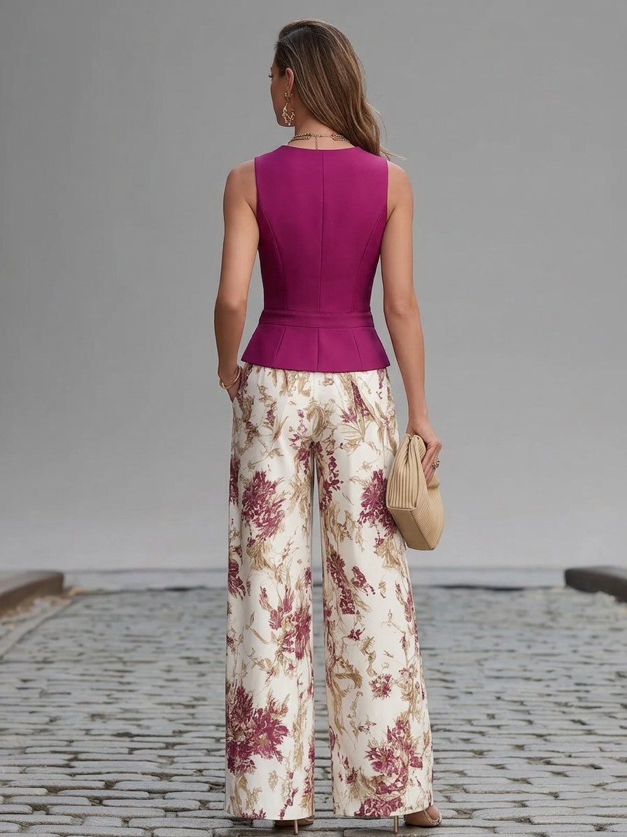 Sleeveless Pink Gilet and Wide-Leg Floral Print Trousers