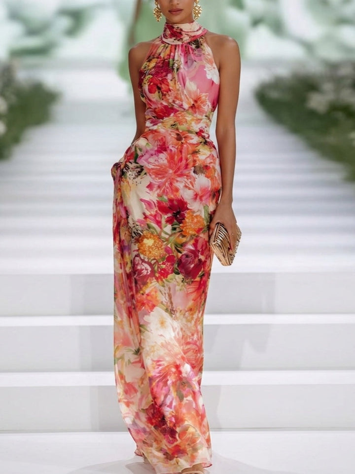 Red Chiffon Sleeveless Maxi Dress with Halter Neck