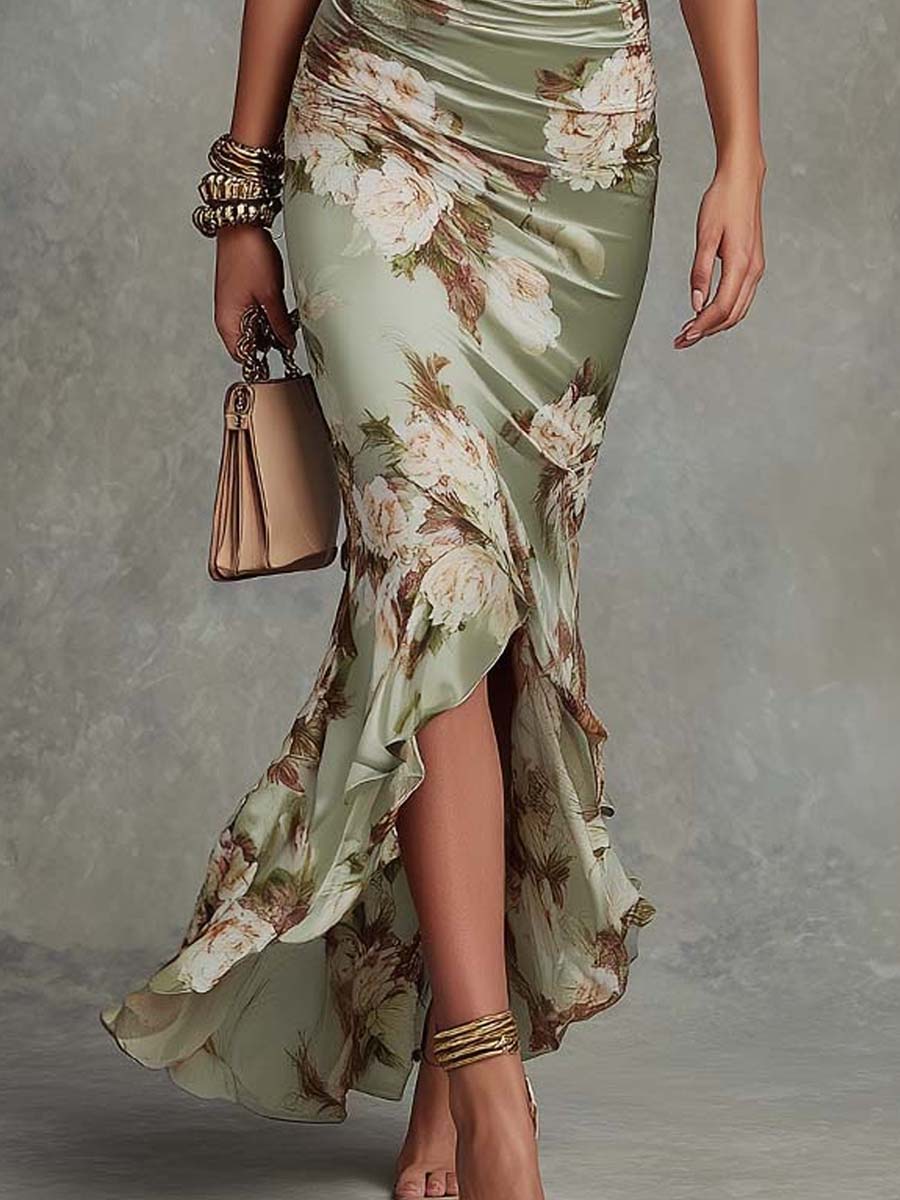 Asymmetric Maxi Dress in Green Floral Satin with Ruffle Bell Sleeves and V-Neck