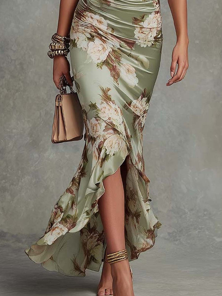 Asymmetric Maxi Dress in Green Floral Satin with Ruffle Bell Sleeves and V-Neck