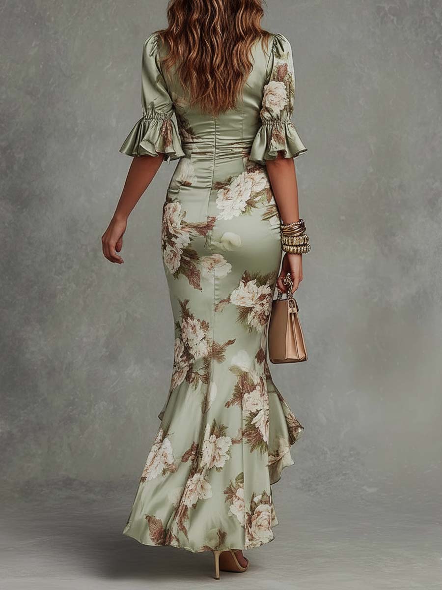 Asymmetric Maxi Dress in Green Floral Satin with Ruffle Bell Sleeves and V-Neck