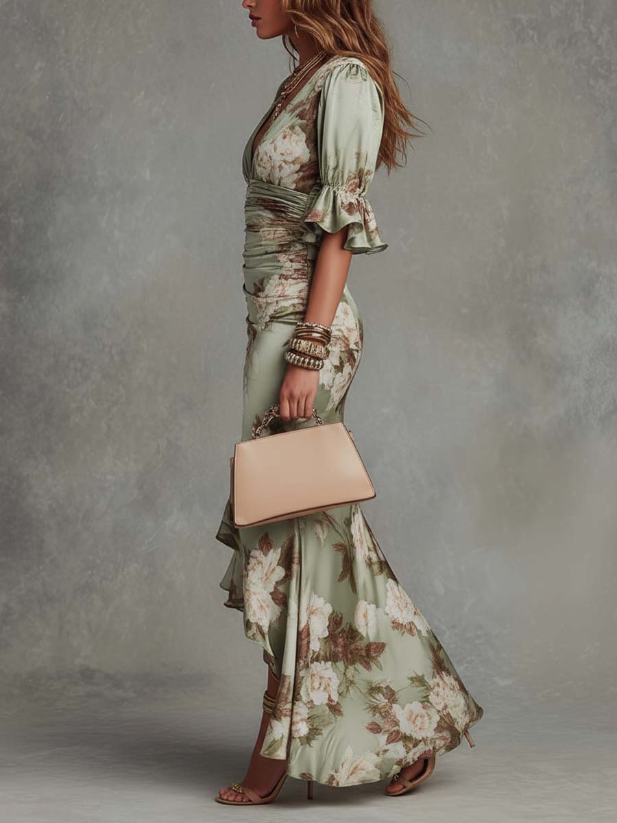 Asymmetric Maxi Dress in Green Floral Satin with Ruffle Bell Sleeves and V-Neck