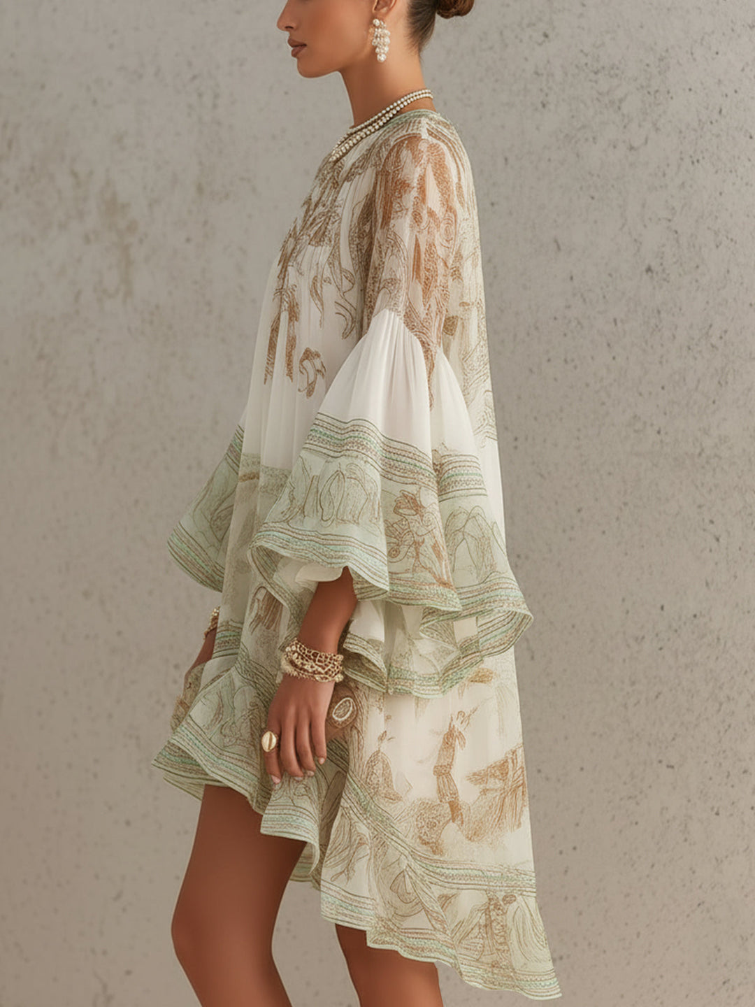 Green Chiffon Mini Dress with Ruffles