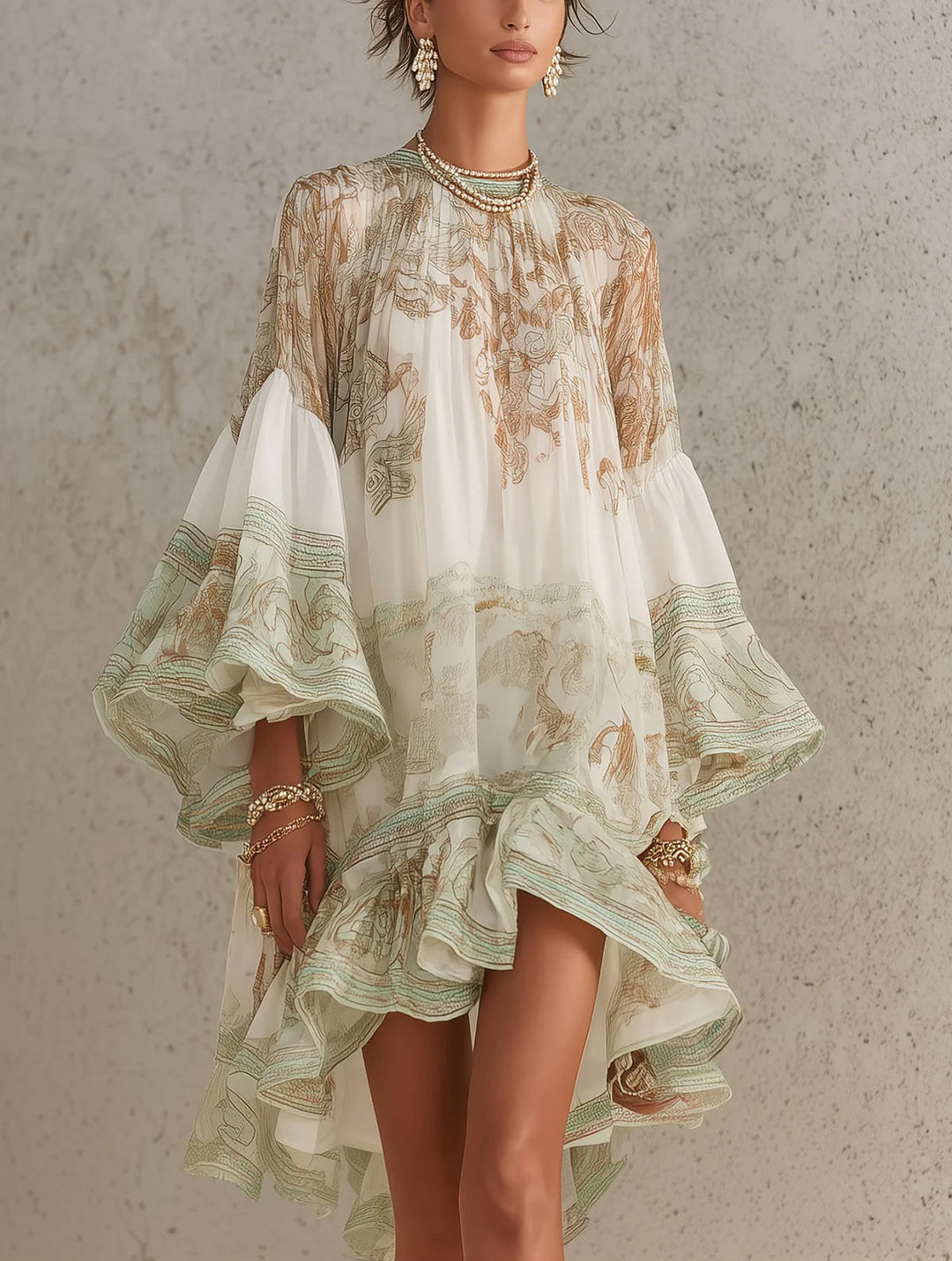 Green Chiffon Mini Dress with Ruffles