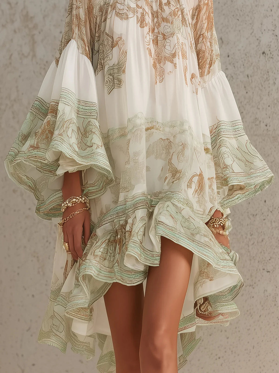 Green Chiffon Mini Dress with Ruffles