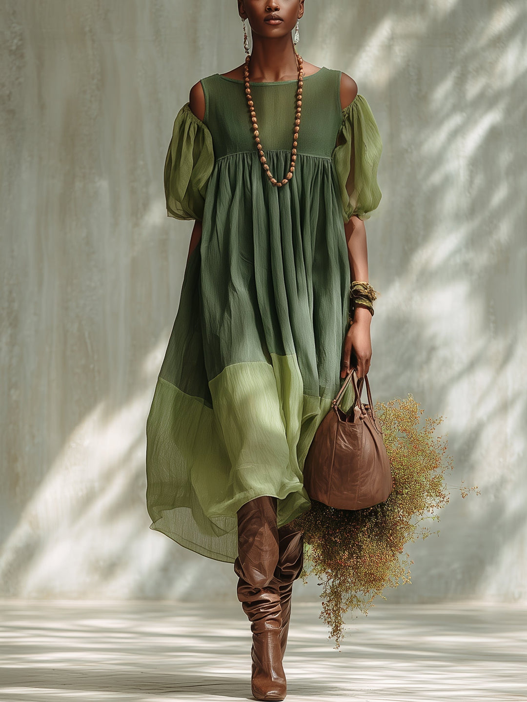 Green Chiffon Midi Dress with Off-the-Shoulder Sleeves and Short Sleeves
