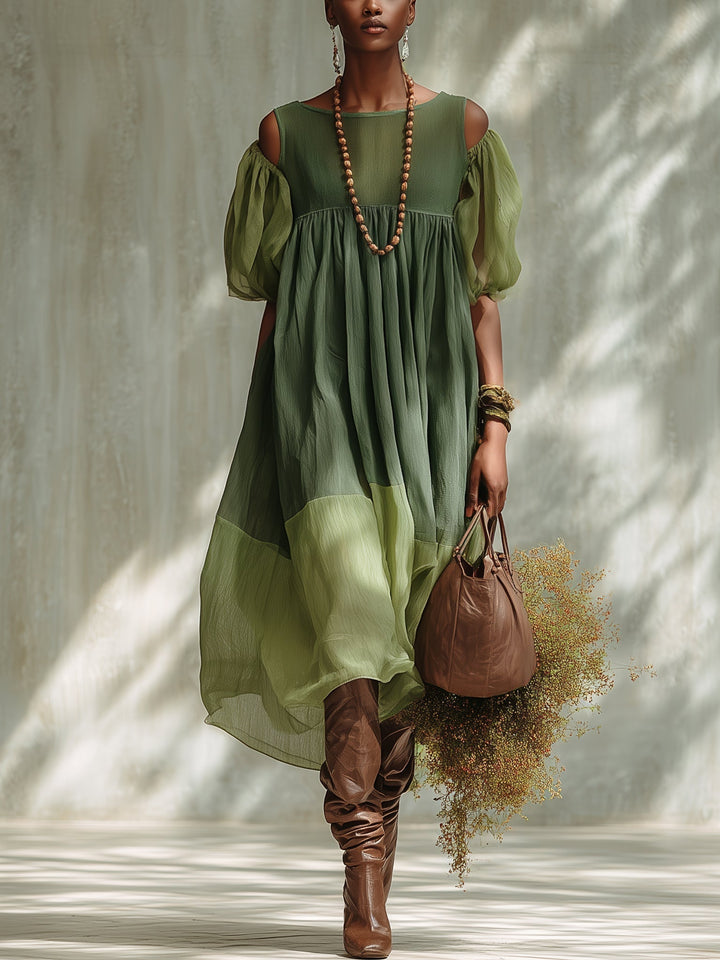 Green Chiffon Midi Dress with Off-the-Shoulder Sleeves and Short Sleeves