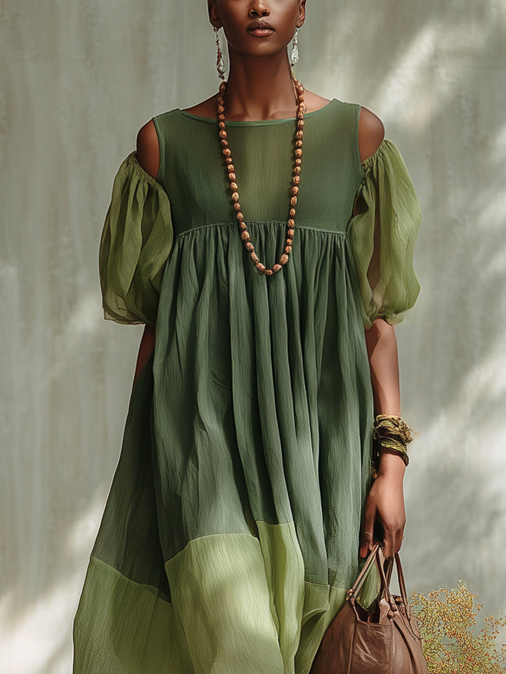 Green Chiffon Midi Dress with Off-the-Shoulder Sleeves and Short Sleeves