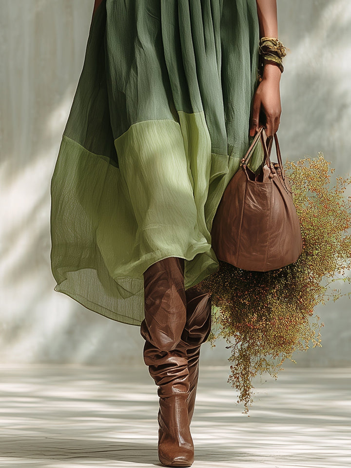 Green Chiffon Midi Dress with Off-the-Shoulder Sleeves and Short Sleeves