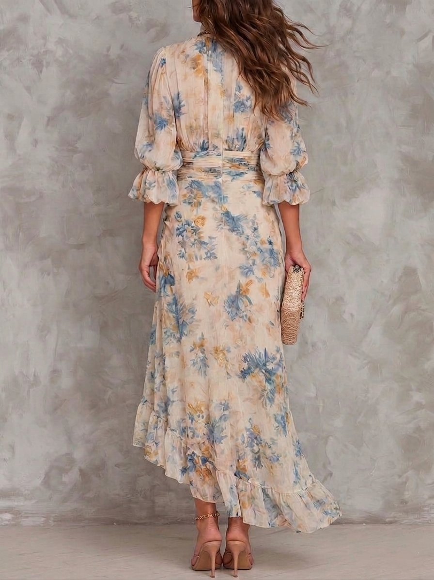 Irregular Chiffon Maxi Dress with Floral Print and High Neck in Beige