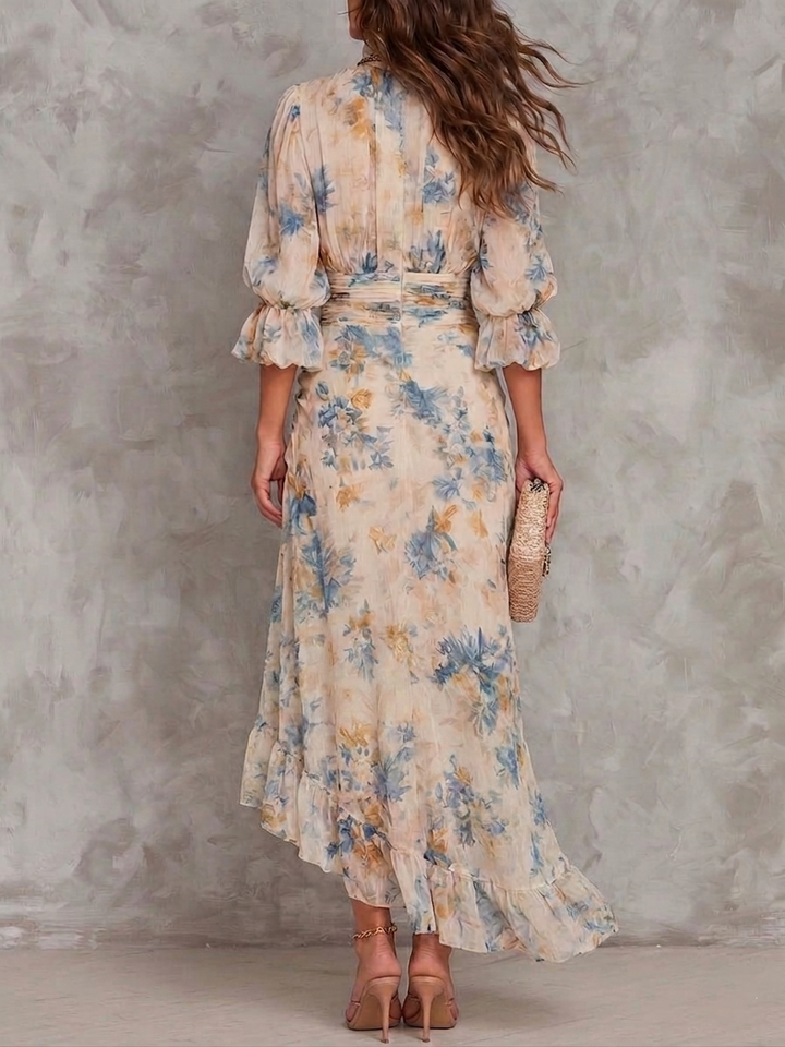 Irregular Chiffon Maxi Dress with Floral Print and High Neck in Beige