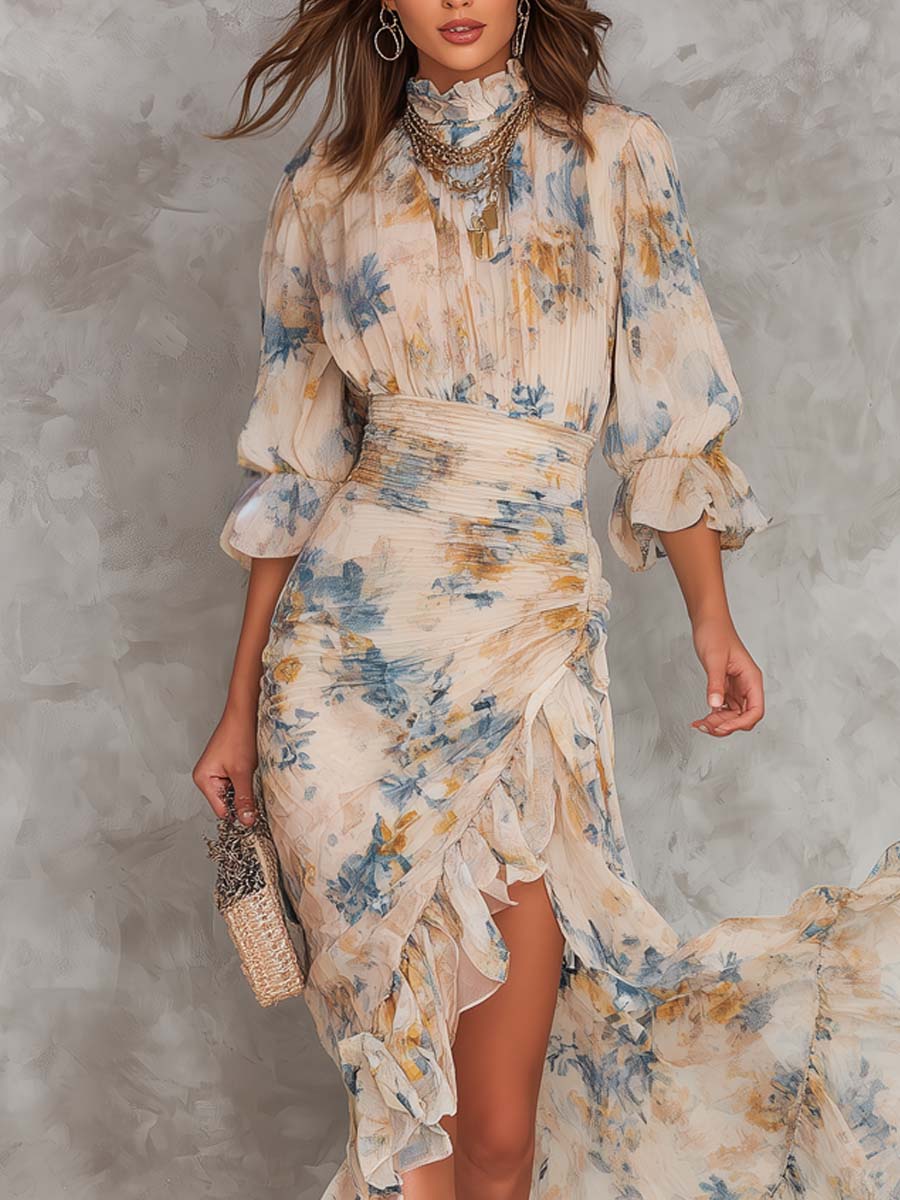 Irregular Chiffon Maxi Dress with Floral Print and High Neck in Beige
