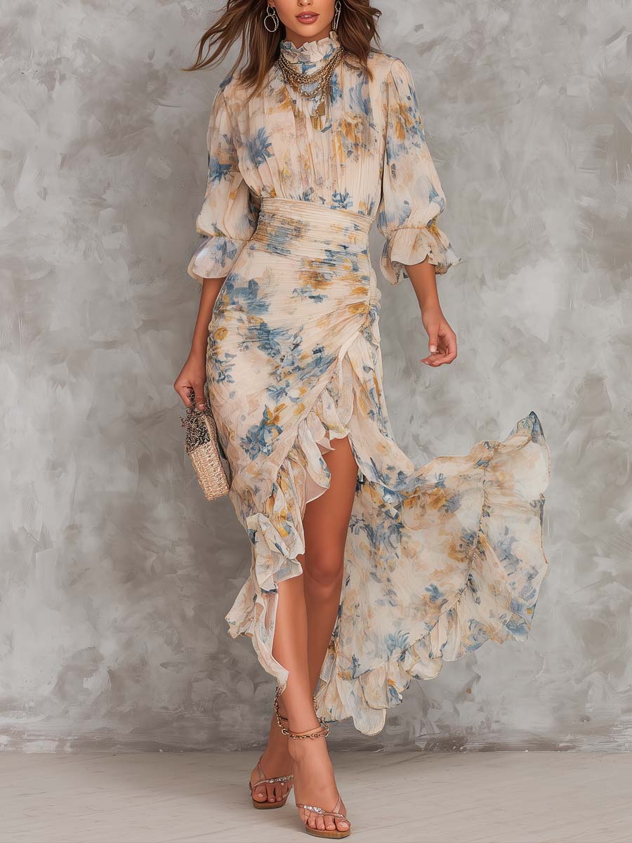 Irregular Chiffon Maxi Dress with Floral Print and High Neck in Beige