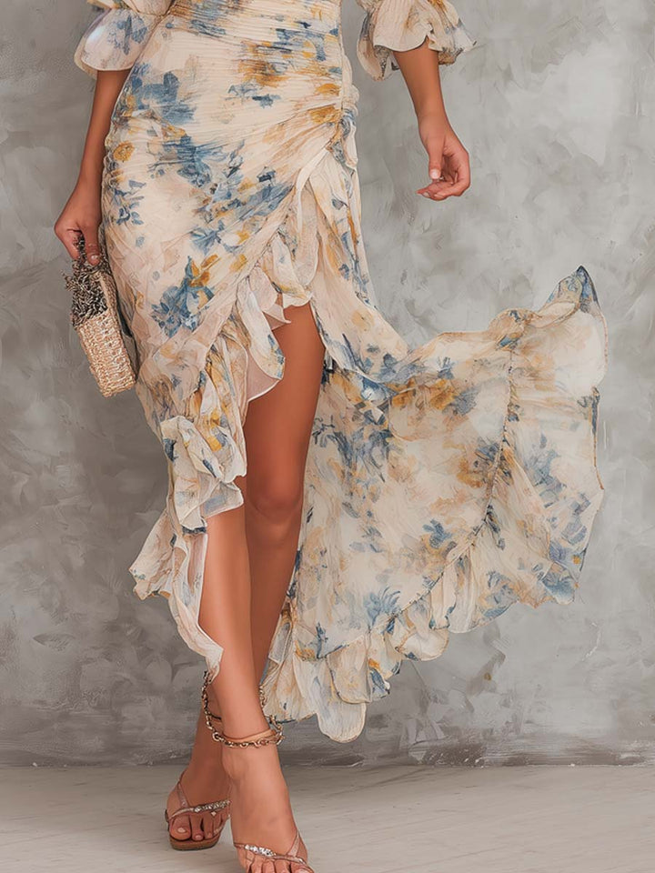 Irregular Chiffon Maxi Dress with Floral Print and High Neck in Beige
