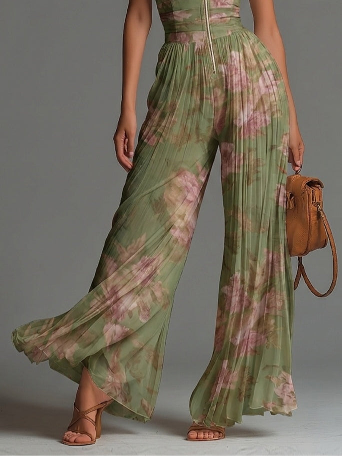 Floral Green Chiffon Jumpsuit with Sleeveless Design, Zip and Wide Leg