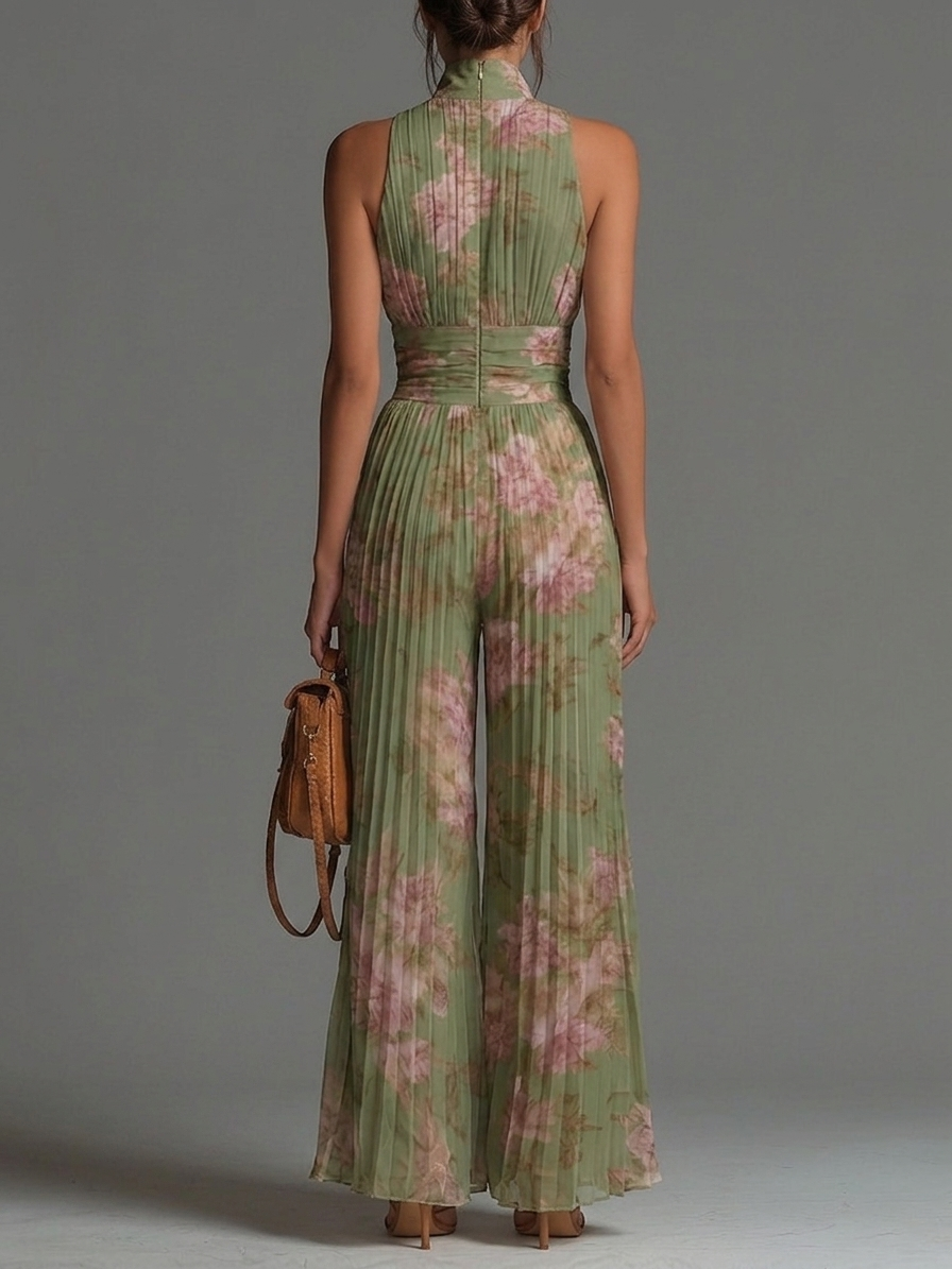 Floral Green Chiffon Jumpsuit with Sleeveless Design, Zip and Wide Leg