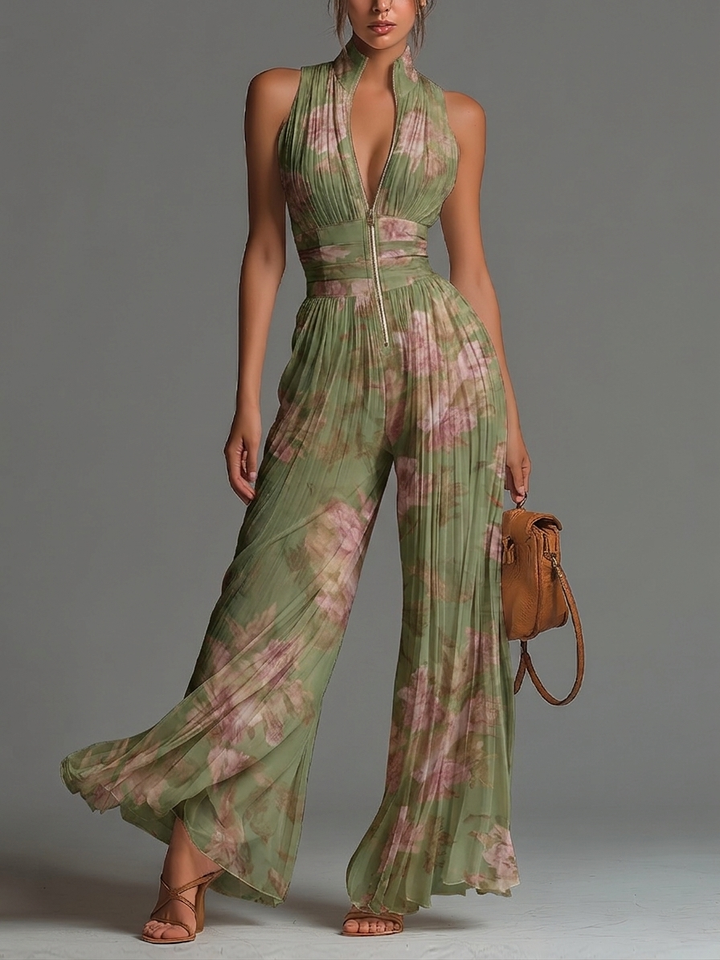 Floral Green Chiffon Jumpsuit with Sleeveless Design, Zip and Wide Leg